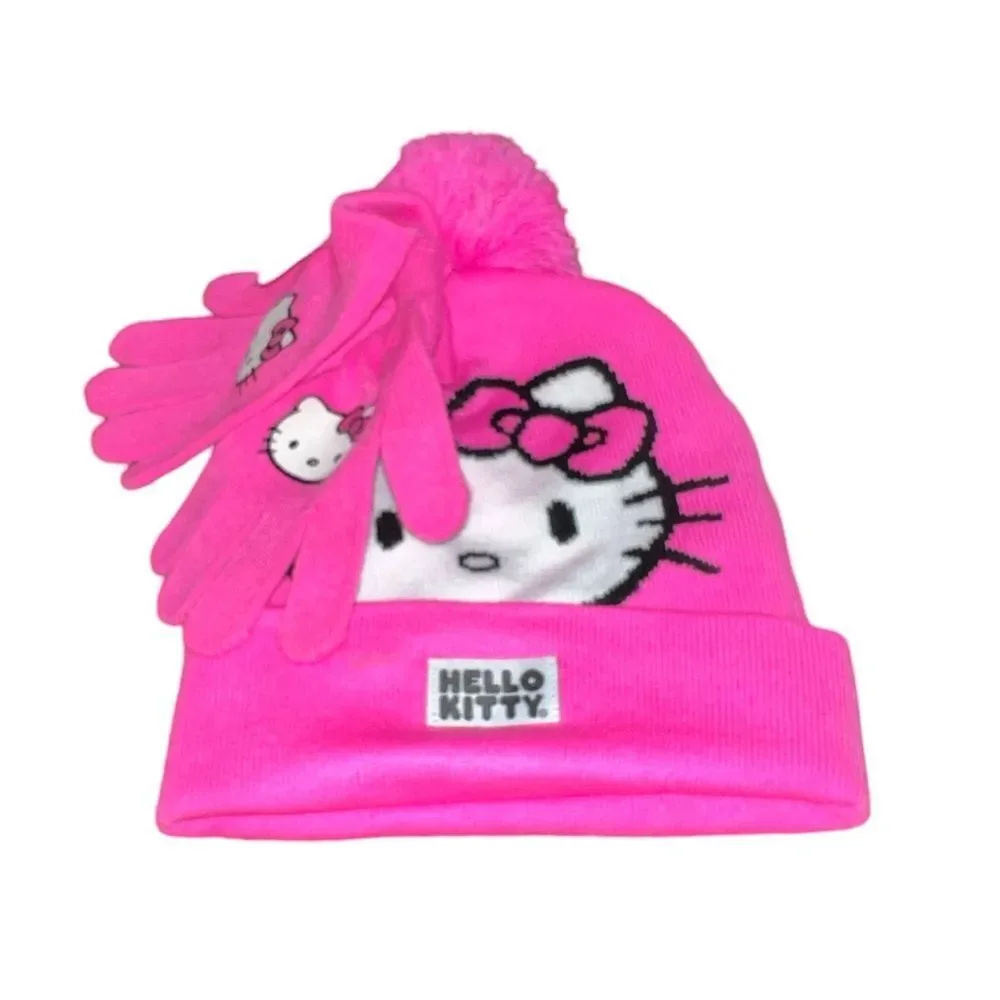 NWT Hello Kitty Pink Pom Pom Winter Hat Matching Mittens Set